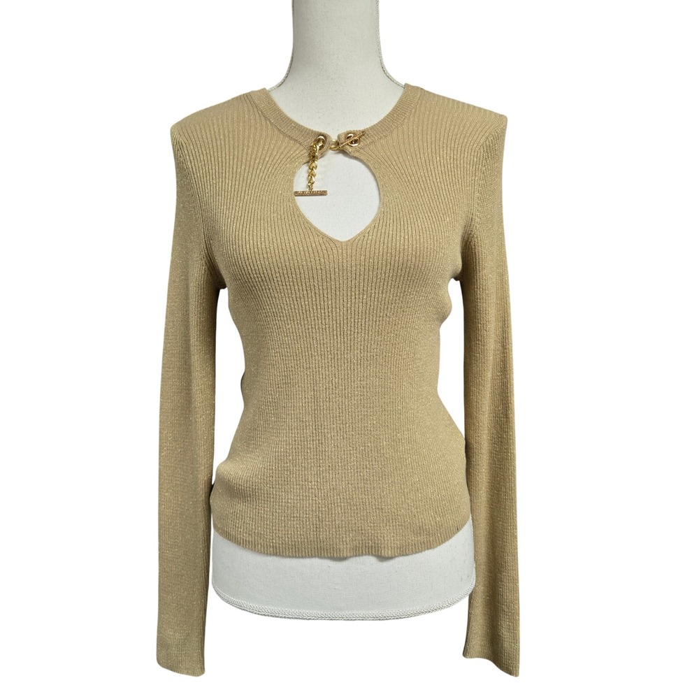 Michael Michael Kors Gold Chain Keyhole Ribbed Metallic Crop Sweater Gold Size L